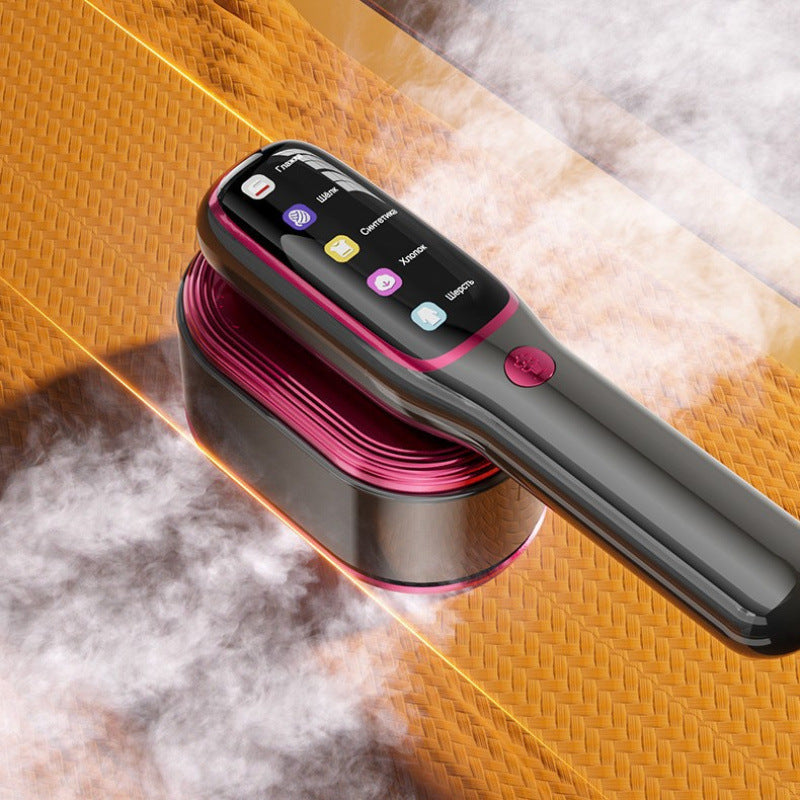 Red Diamonds London handheld garment steamer in use, efficiently smoothing wrinkles from fabric with steam.